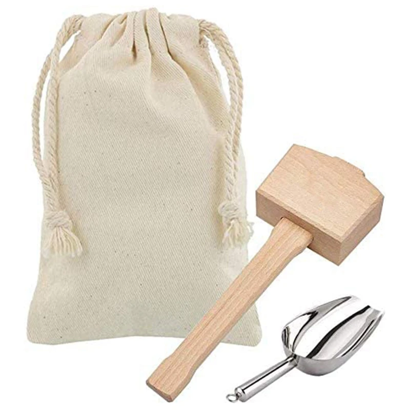 

Ice Mallet and Ice Bag - Wood Hammer and Cotton Linen Bag for Crushed Ice Bartender Kit & Bar Tools Kitchen Accessory