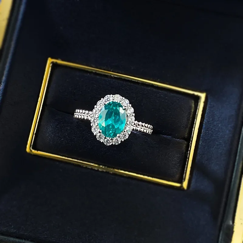 

Live Streaming New S925 Silver Inlaid 1.5-carat Paraiba Color With Green Background Ring For Daily Use Jewelry