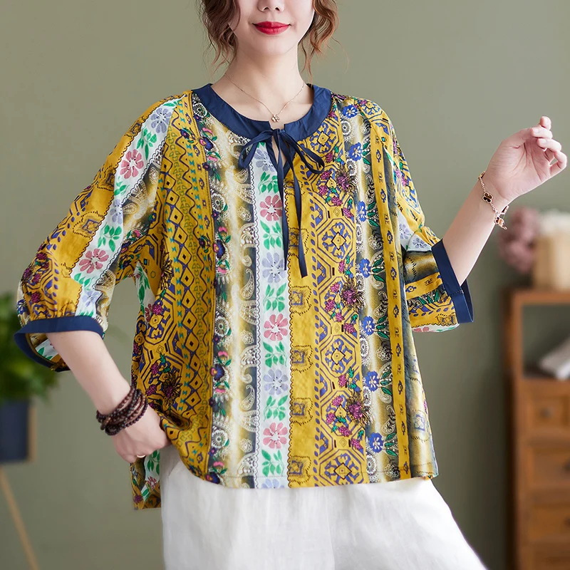 Color Blo Algodón Lino Estampado irt Tamaño grande Mujer redondo Ne Tie Five Sve Top de lino con dobladillo asimétrico