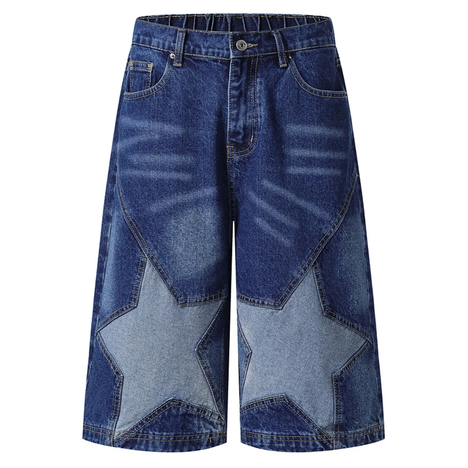 

Stars Patch Denim Shorts Mens Streetwear Hip Hop Fashion Jeans Short Men Harajuku Vintage Baggy Straight Calf Length Pants Male