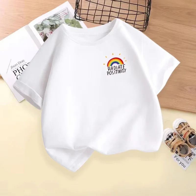Children Fashion Short Sleeve Top Happy Brush Stroke Rainbow Print Boys Girls Crew Neck Daily Summer Tee Shirt