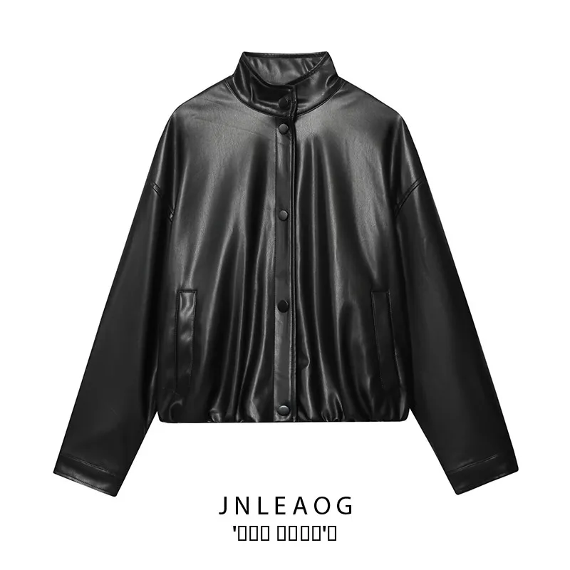 

Модное пальто-манто из искусственной кожи с высоким воротником JNLEAOG, женская осенняя новая верхняя одежда из полиэфирного волокна