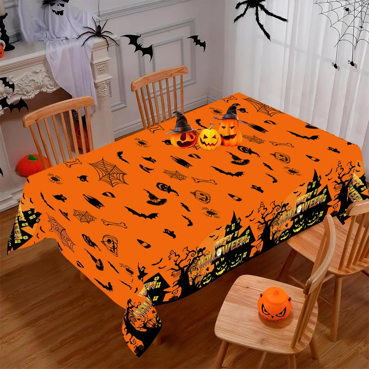 1Pc Halloween Theme Tablecloth Orange Pumpkin Bat Spider Web Haunted House Print Table Cover For Party Dinner Decoration