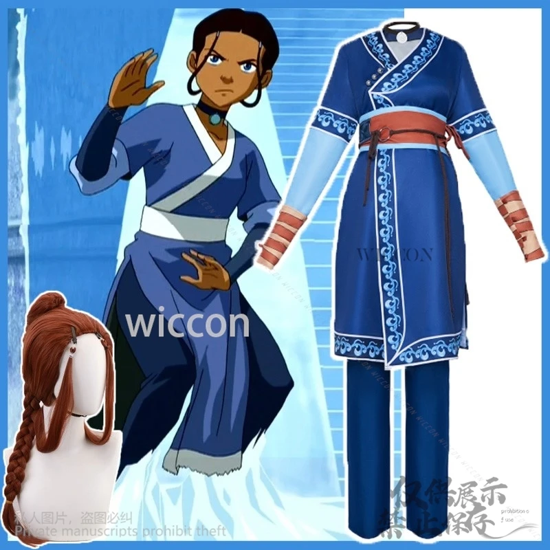 

Anime Avatar Katara Cosplay Costume The Last Airbender Pant Wigs Halloween Outfit Uniform Top Carnival Disguise Suit Customized