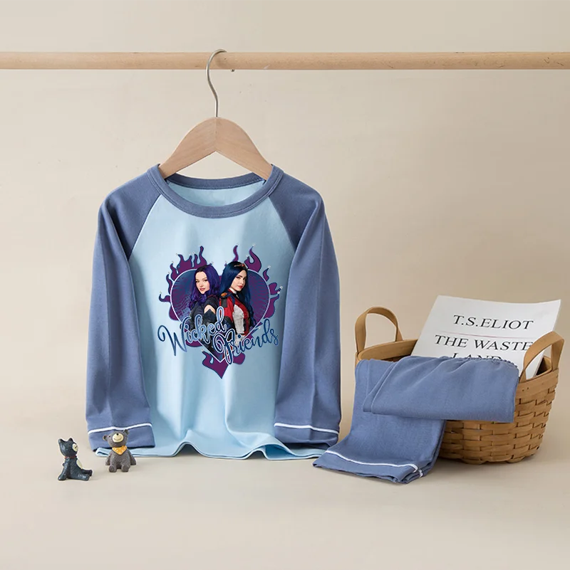 

Детские пижамные комплекты Descendants для мальчиков и девочек, одежда для сна, футболка с длинными рукавами с героями мультфильмов, топы и штаны, детская весенне-осенняя одежда