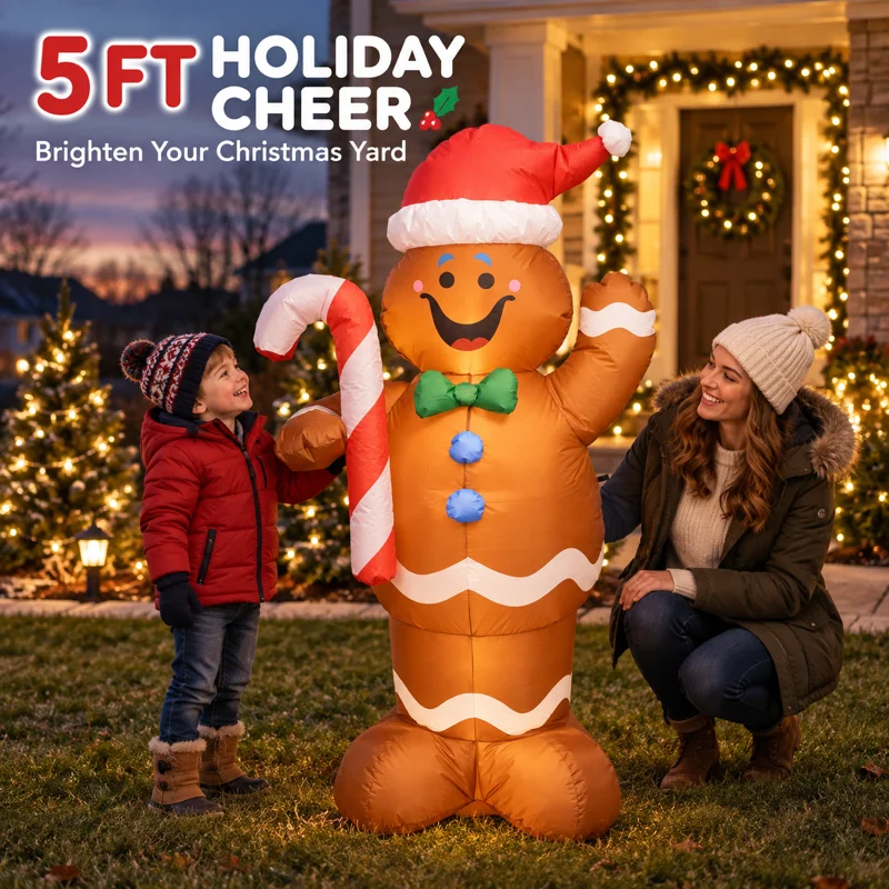 Giant 5FT Christmas Inflatable Gingerbread Man Decoration with Candy Cane Built-in LED Lights Blow Up Outdoor Yard Garden Decor Inflatable Toys for Fun Kids USA Stock Fast Shipping New 2024 Holiday Home Party Prop Indoor Outdoor Lighted Display