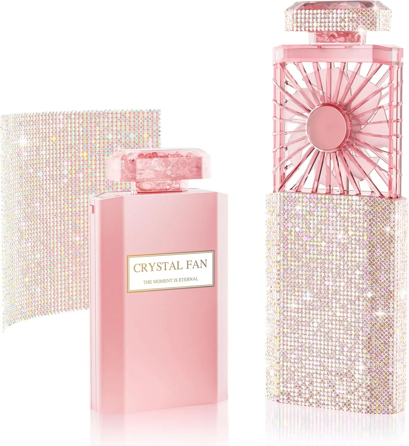 

Портативный ручной вентилятор, перезаряжаемый, с 3 скоростями, выдвижной, с кристаллами, для девушек и женщин - розовые стразы