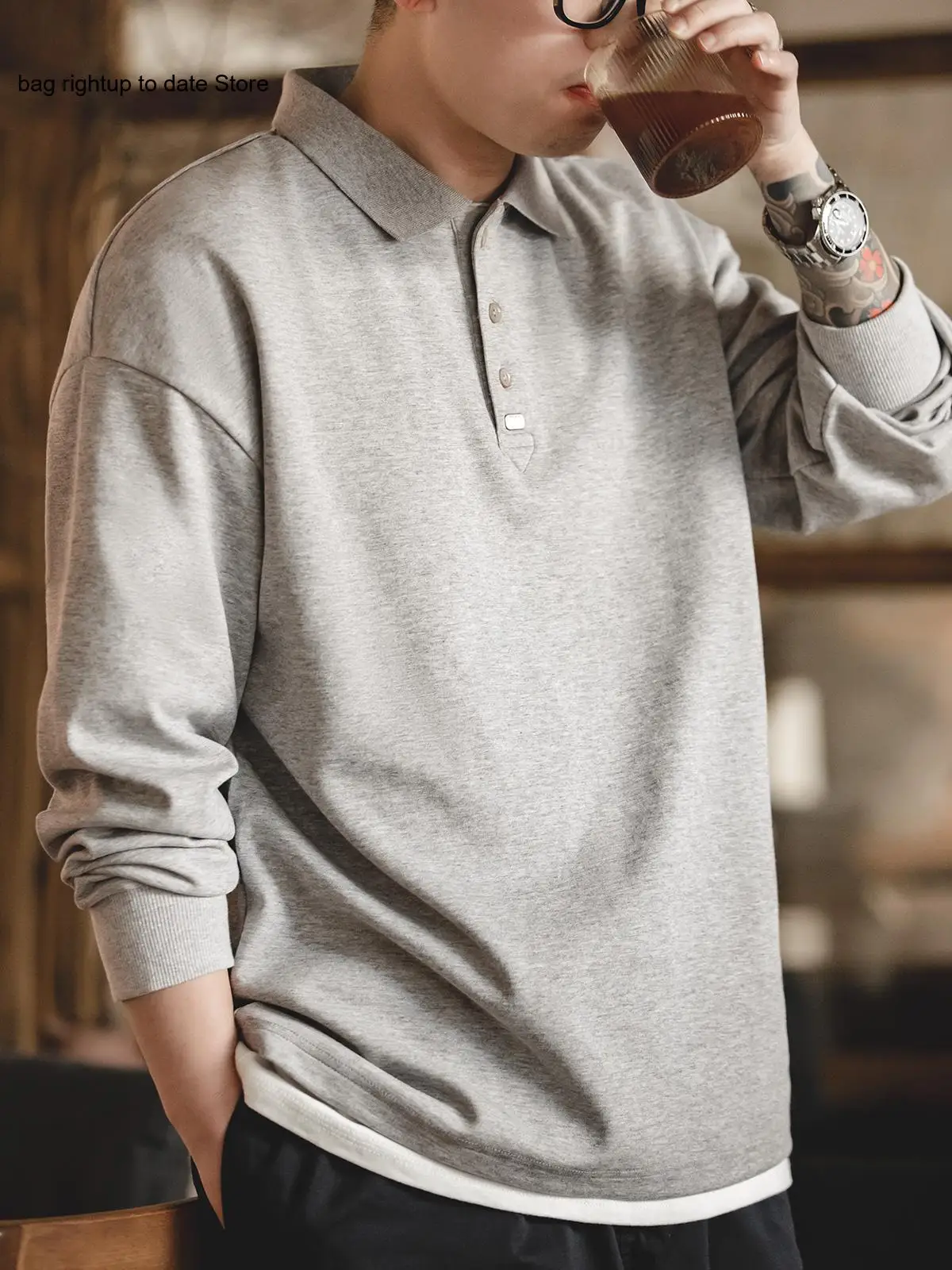 Spring and Autumn Casual American Retro Basic Style Long Sleeved Pure Color Loose and Versatile Base Collar T-Shirt for Men