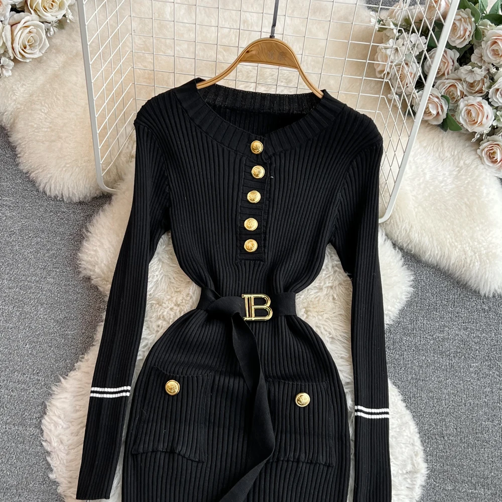 Women Dress 2024 Autumn Winter Elegant Rib Knit Long Pencil Dress with Belt Office Lady Bodycon Sweater Dress Vestidos