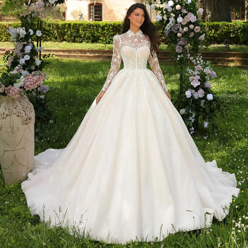 High Quality Wedding Dress Organza With Embroidery Bead Ball Gown Full Sleeve High-Neck Bride Dress Customized Robe De Mariee