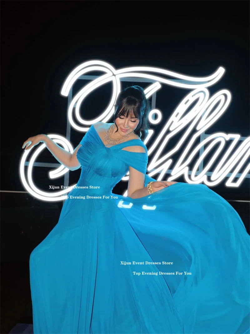 Xijun Elegant Blue Chiffon Prom Dresses Off The Shoulder A-Line Formal Evening Dresses Pleated Cape Sleeves Prom Gown Customized