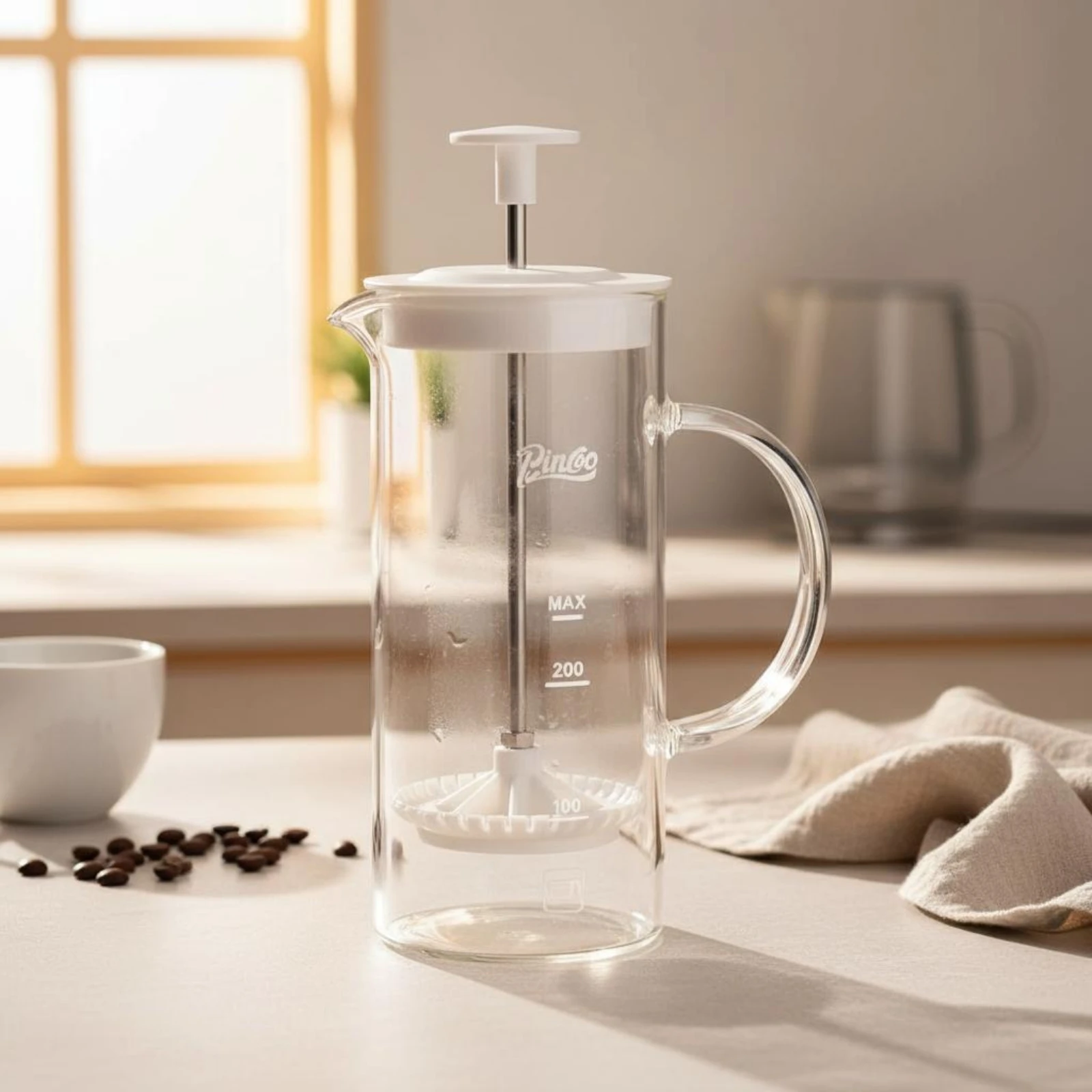 Glass Milk Frother Transparent Plunger Milk Frother Latte Art Pitcher Easy to Clean Kitchen Tool Heat Resistant