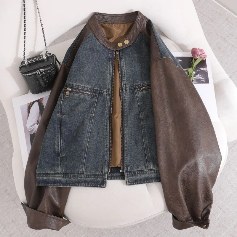 

Retro Denim Patchwork Leather Jacket for Women in the Autumn of 2025 New Loose fit This Year Popular Short Coat for Small People