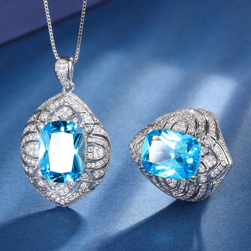 Jewelry set with gold-plated copper base aquamarine, featuring a chunky rectangular pendant and ring, 12*16