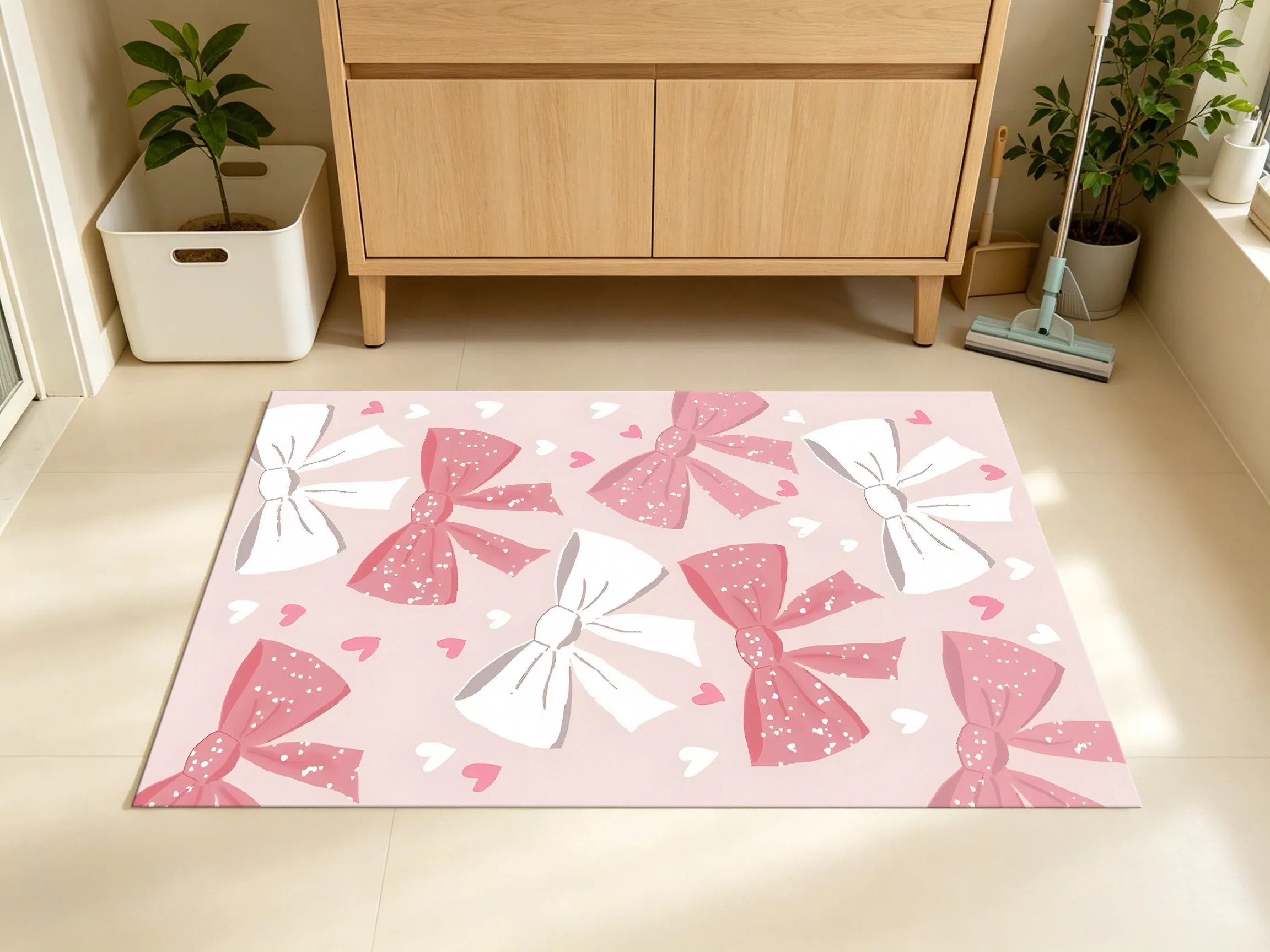 2D Large Carpet Pink White Bow Heart Pattern Sweet Girly Style Bedroom Living Room Walk in Closet Rug
