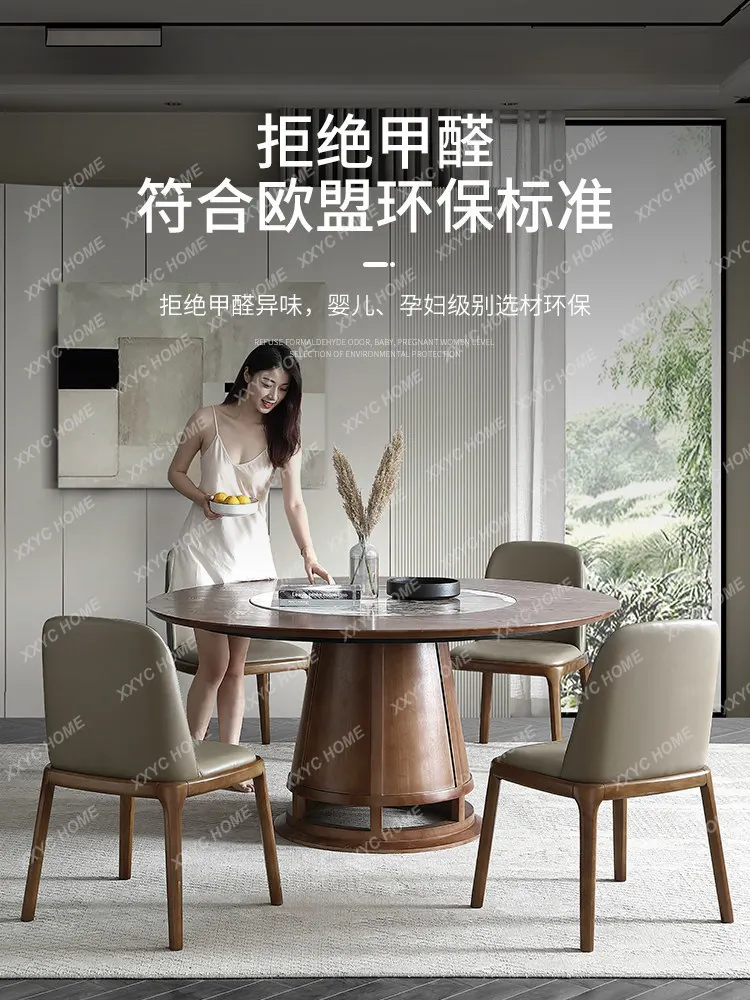 Slate dining table household full set of inlaid turntable round new Chinese small apartment pure solid wood dining table
