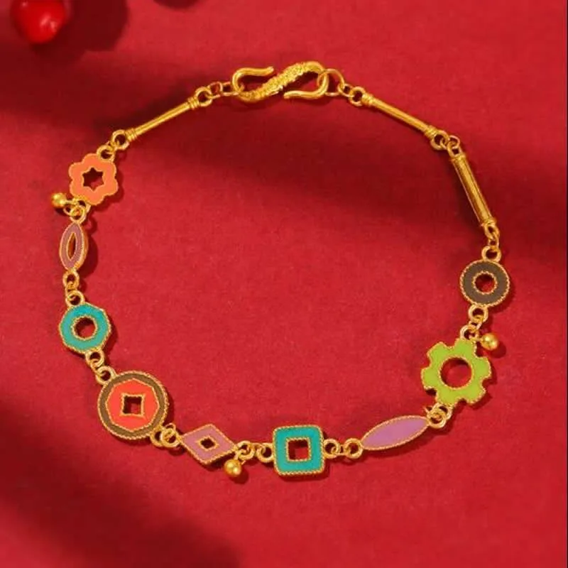 

Pure 24K Yellow Gold Bracelet Women 999 Gold Colourful Geometry Bracelet Heavy Gold Bracelet