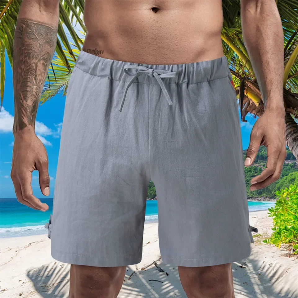 ヴィンテージファッション無地リネンショーツメンズ夏休みビーチカジュアルショーツルーズドローストリングレースアップワイドレッグショーツ