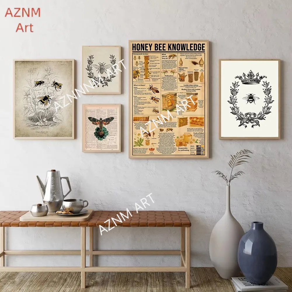 Bee Queen Prints Rustic Wall Art Picture Farmhouse Decor , Bee and Wreath Vintage Poster French Country Home Art Canvas Painting
