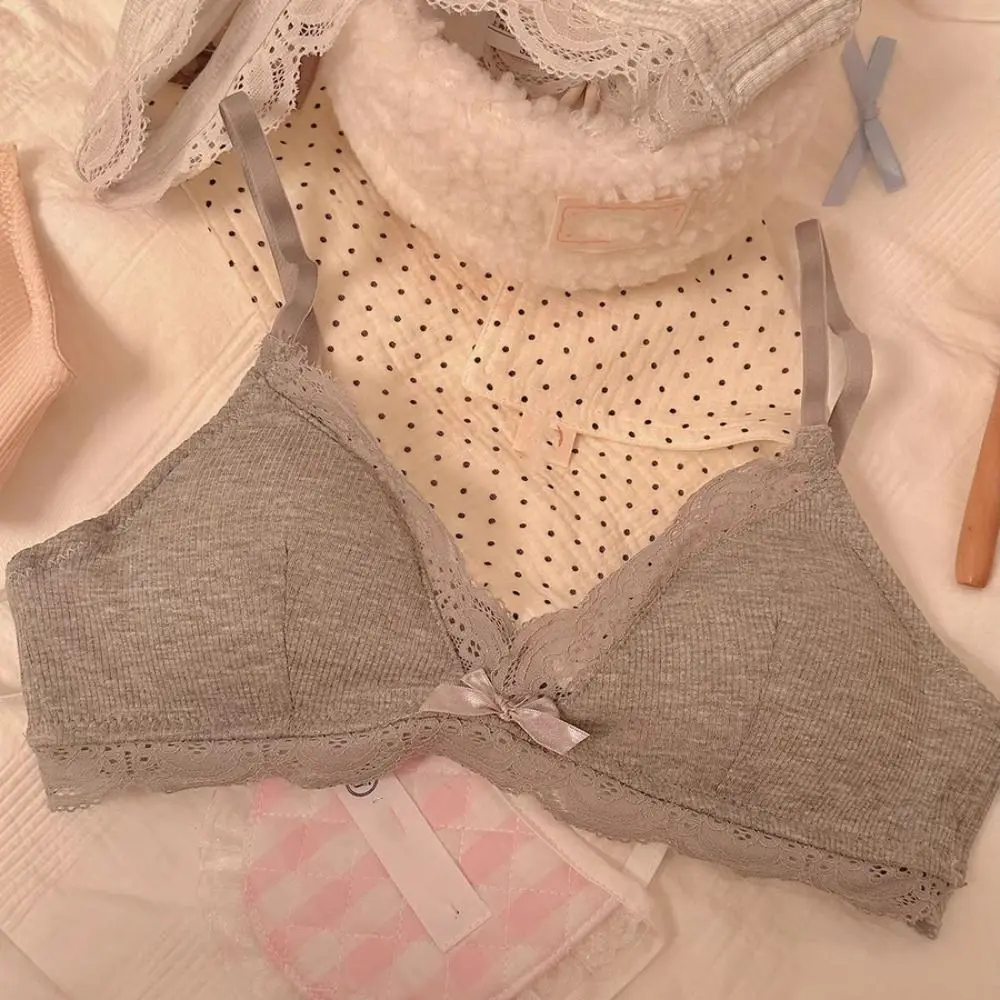 บราไร้สาย Sweet Sweet แบบเว้าลึก ป้องกันการหย่อนคล้อย ชุดชั้นในลูกไม้ผูกโบว์ สไตล์ฝรั่งเศส กันกระแทก บราดันทรงสำหรับสาวๆ