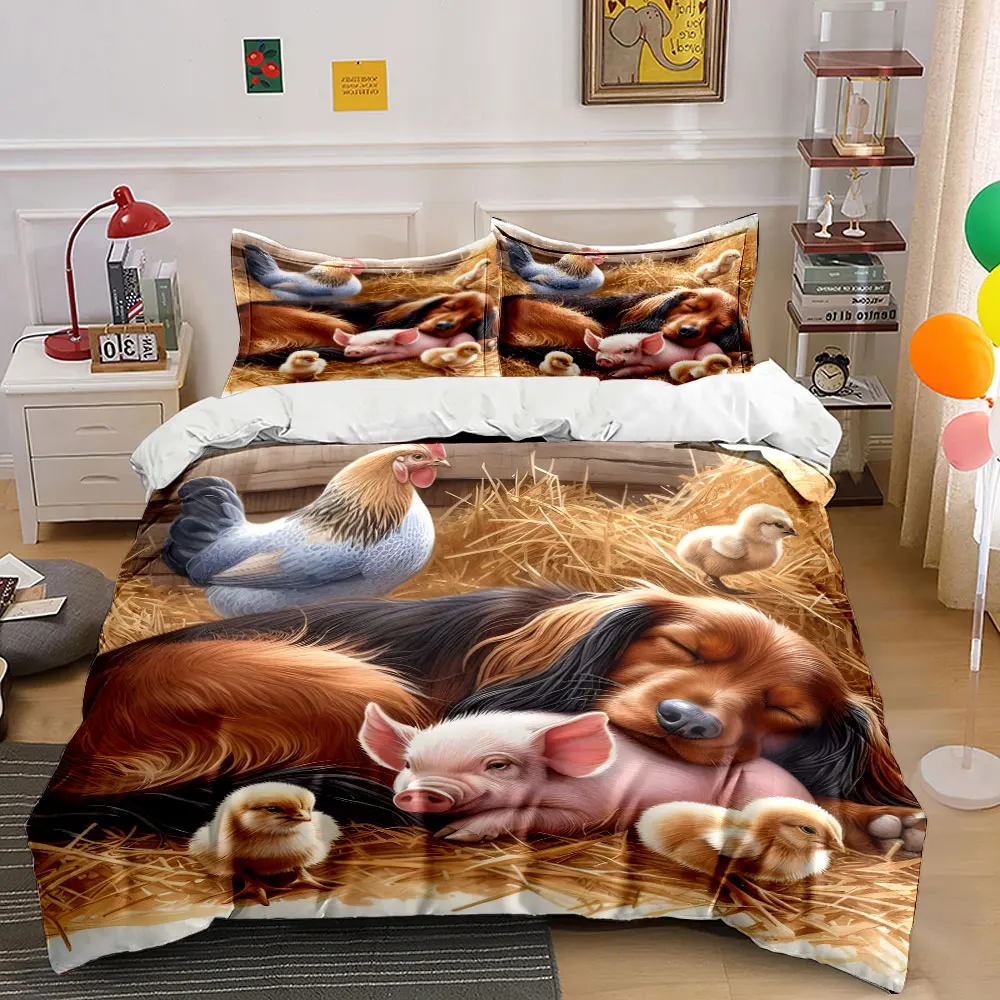 Warm farm animals scene Print Soft Comfortable Duvet Cover Bedding Set Included 1*Duvet Cover  2*Pillowcases Luxury gifts