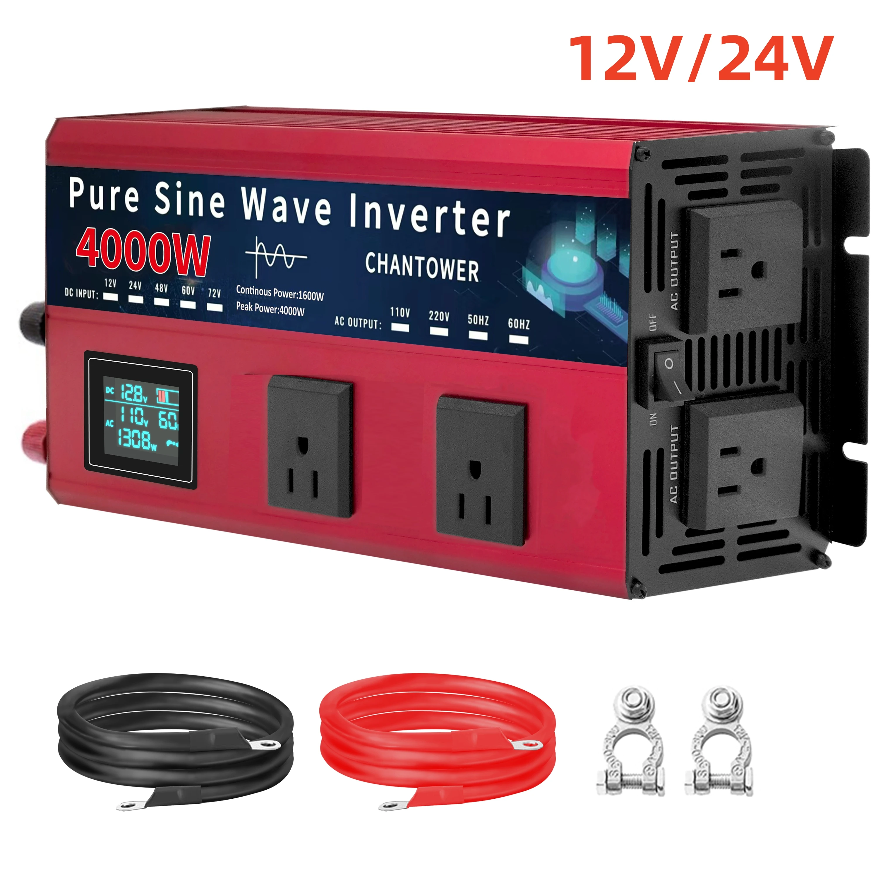 

4000W Pure Sine Wave Inverter 12V 110V DC 12v/24v To AC 110v Voltage Converter Car Solar Power Inverter