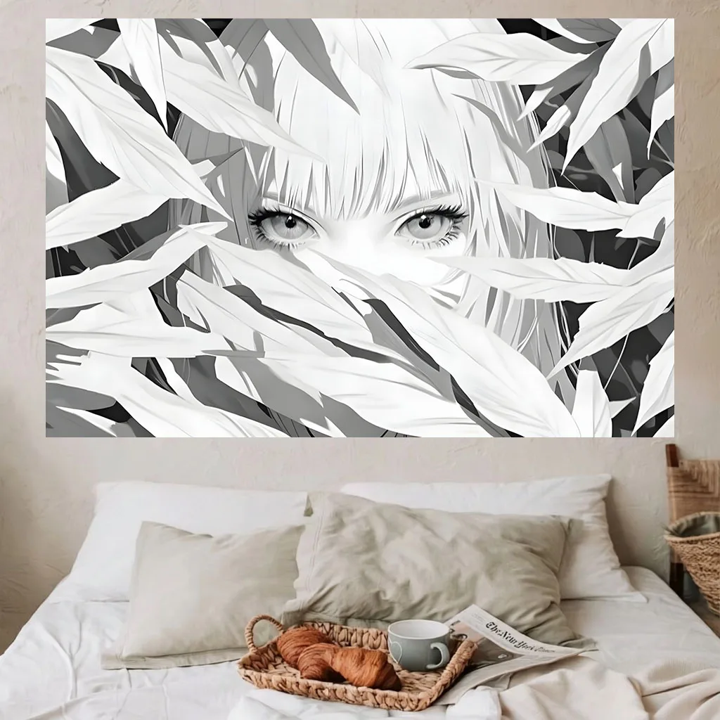 Monochrome Sketch Anime Girl Tapestry Black White Bamboo Leaves Wall Hanging Art for Dorm Bedroom Aesthetic Home Wall Decoration