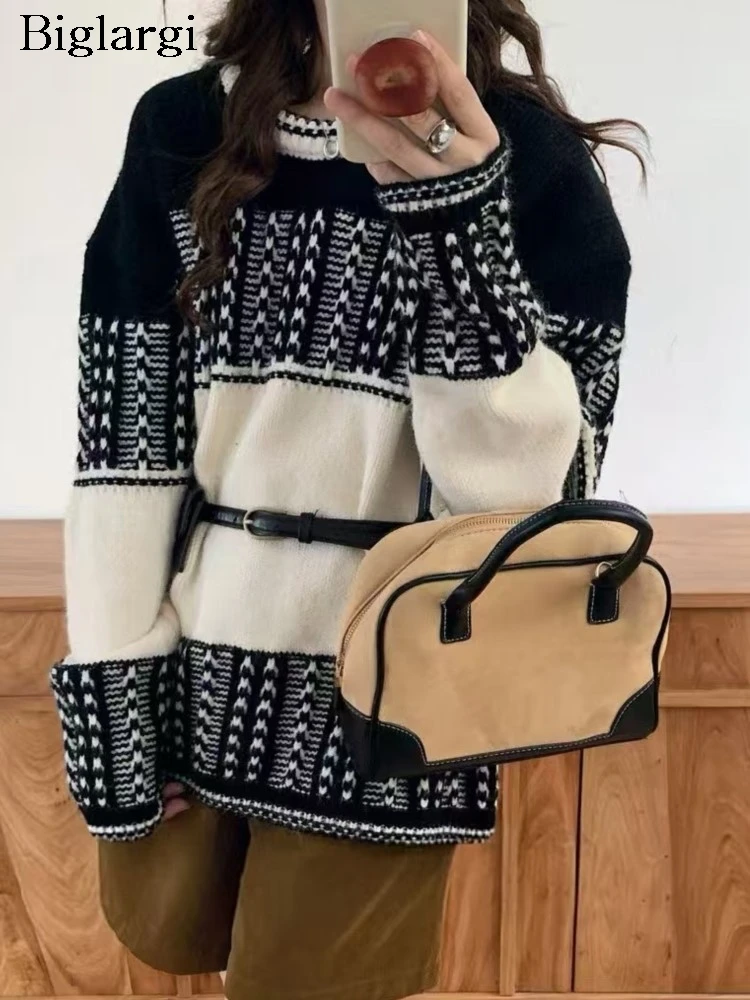 

Knitted Autumn Pullover Sweater Women Floral Striped Print Fashion Korean Style Ladies Sweaters Loose Casual Woman Sweater