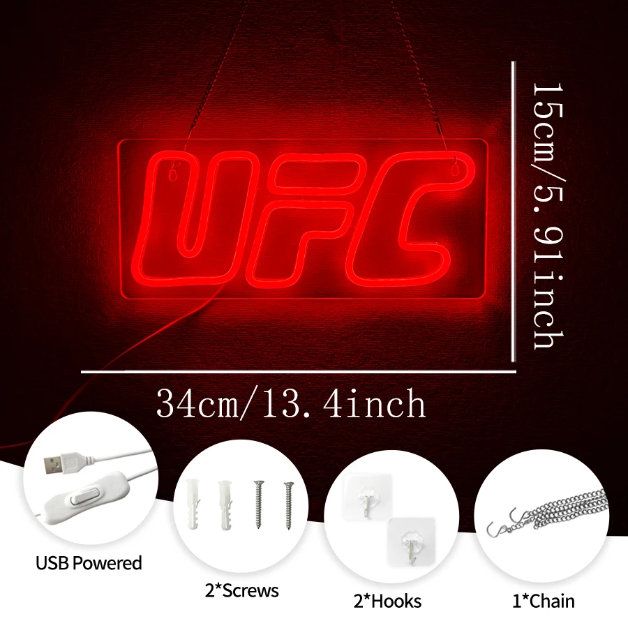 USB Powered Red UFC LED Neon Sign, Fighting Sports Logo Light Up Wall Lamp for Gym, Sports Bar, Man Cave Bedroom Home Decor