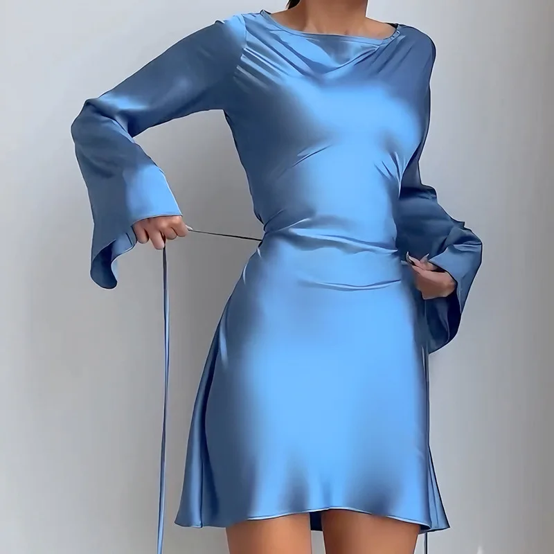 

Sexy Belted Tie Waist Dr Women's Faion Casual Slim Fit ort Skirt High Waist Bell Sve round Ne Daily Wear