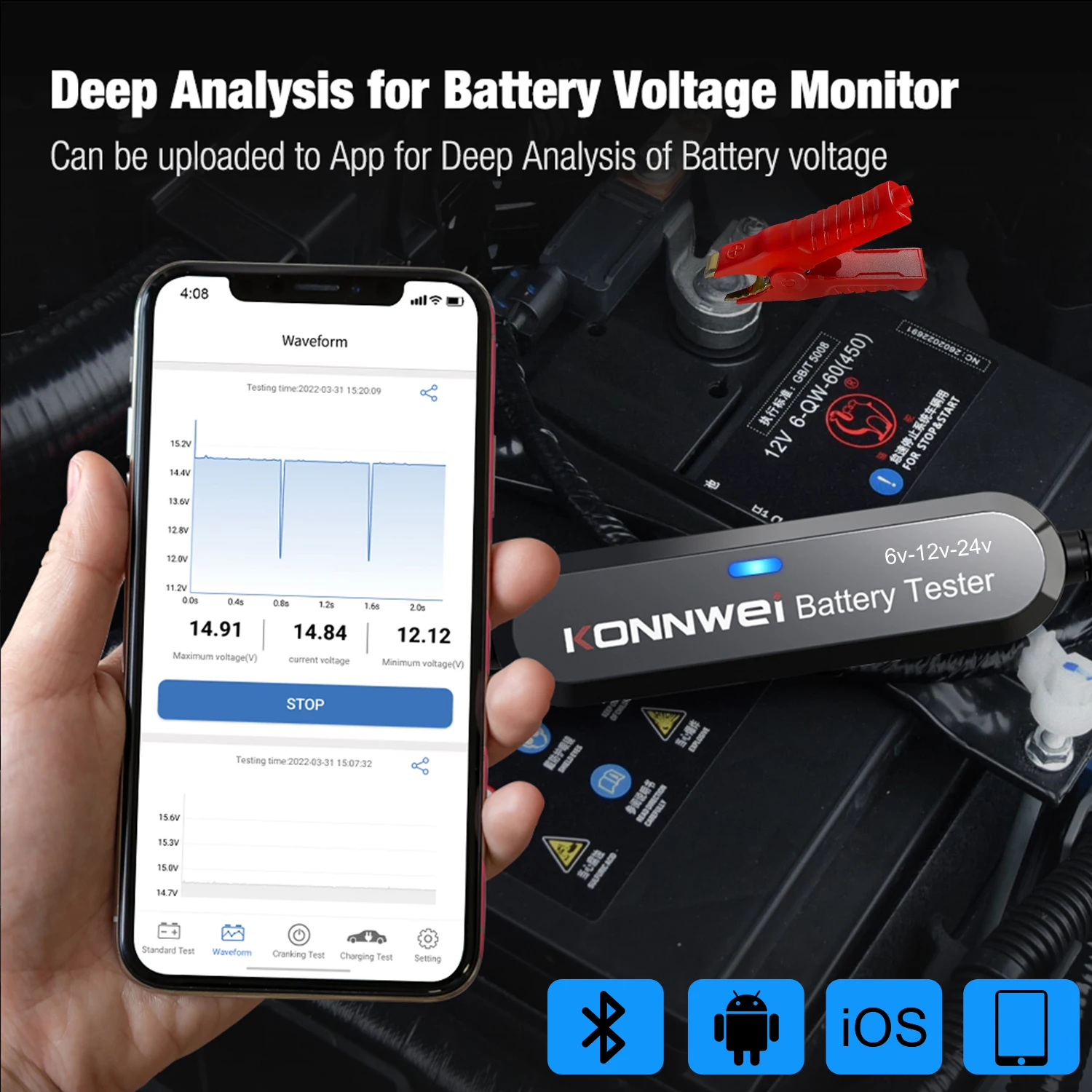 KONNWEI BK200 BK100 6V 12V 24V Bluetooth 5.0 Car Battery Tester Waveform Monitor Charging Cranking diagnostic Tool Charging Test