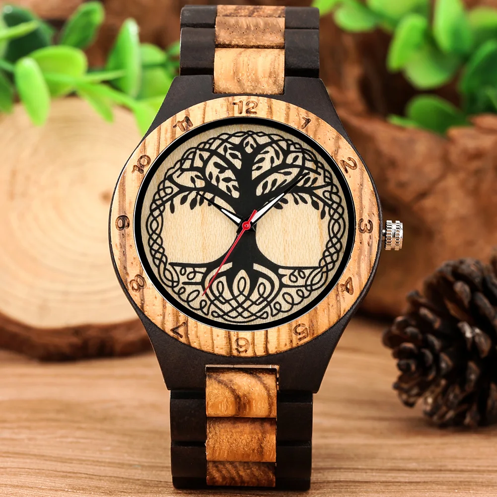 Ebony Zebrawood Men's Quartz Wristwatch Red Seconds Life Tree Pattern Dial Full Wooden Bangle Male Watch