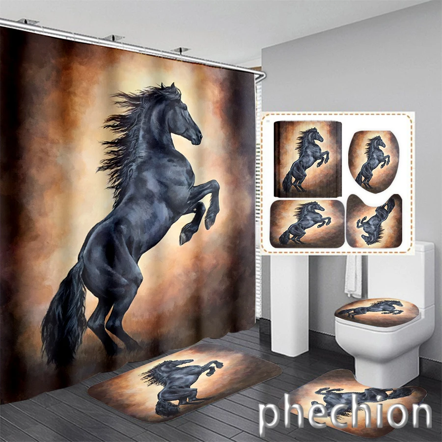 New 3D Print Animal Horse Shower Curtain Waterproof Bathroom Curtain Anti-slip Bath Mat Set Toilet Rugs Carpet VR70