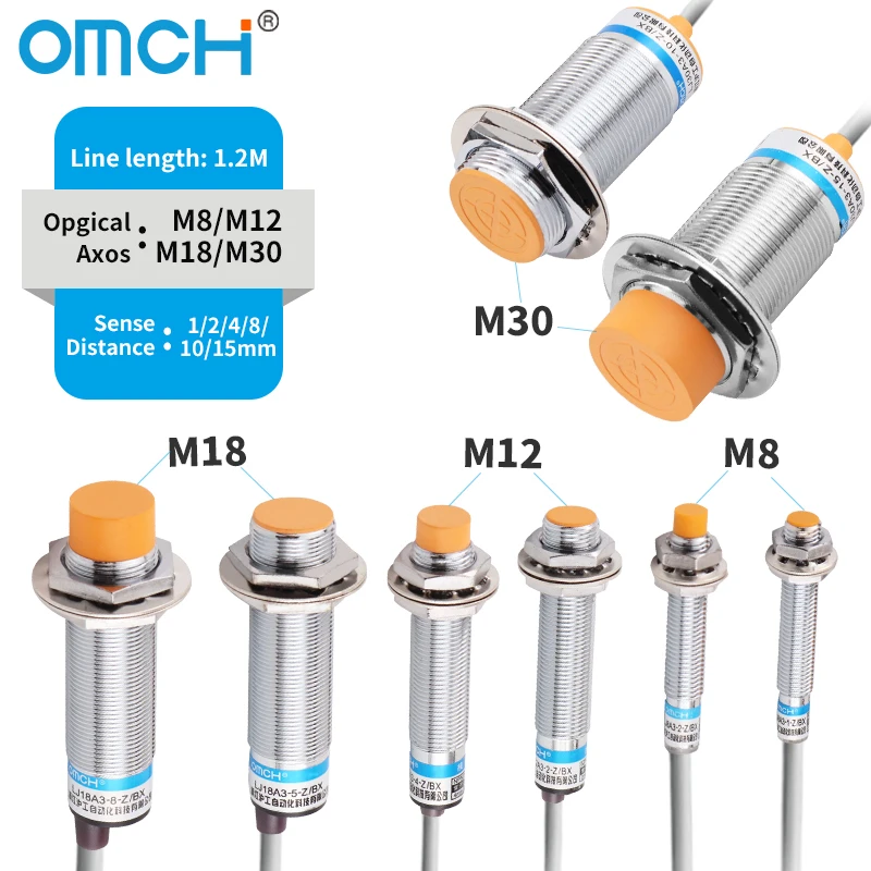 OMCH M8 M12 M18 M30 Sensor de interruptor de proximidad inductivo distancia de detección 1/2 2/4 5/8 8/10mm NPN PNP NO NC DC 3 cables 6-36V