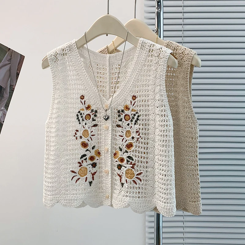 

Boho Style Hollow Out Crochet Beige White Lace Vest Woman Summer Sleeveless Embroidery Knit Tank Top Holiday Beach Cardigan Coat