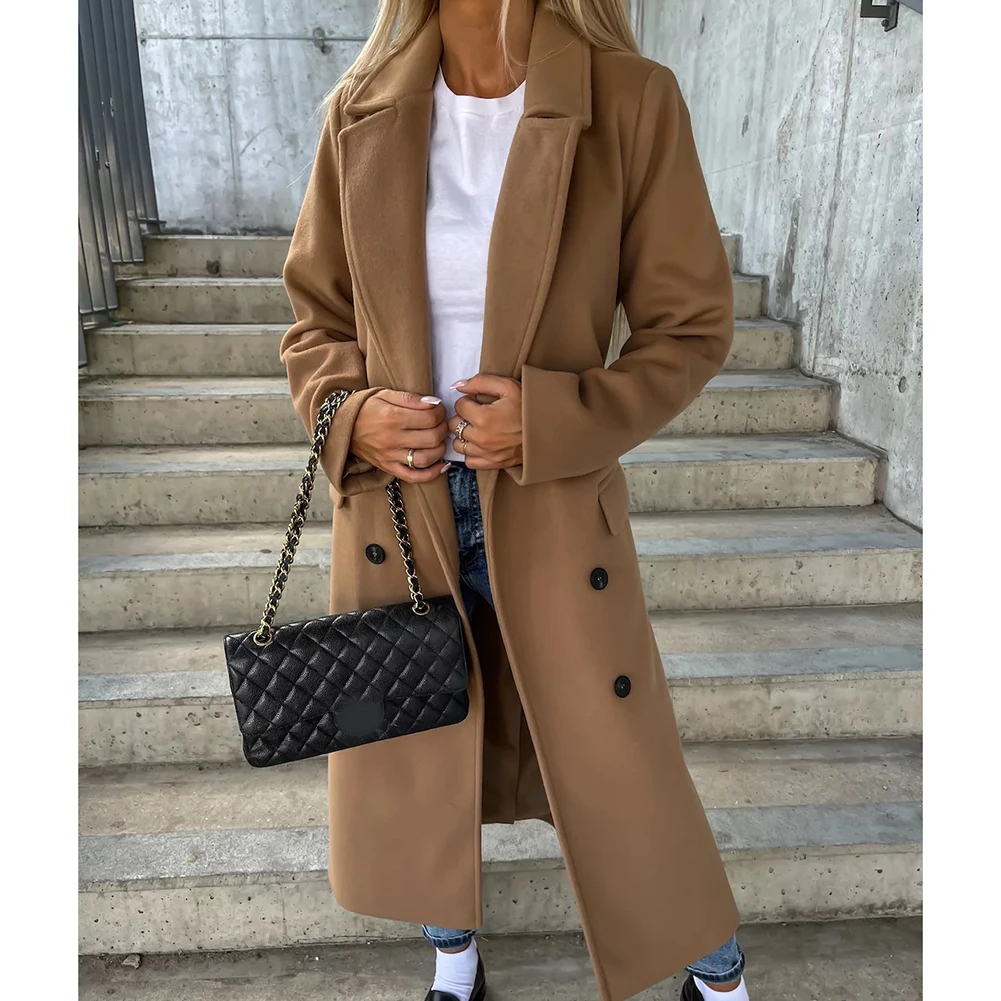 

Women Double Breasted Simple Solid Lapel Long Sleeved Split Long Woolen Jacket