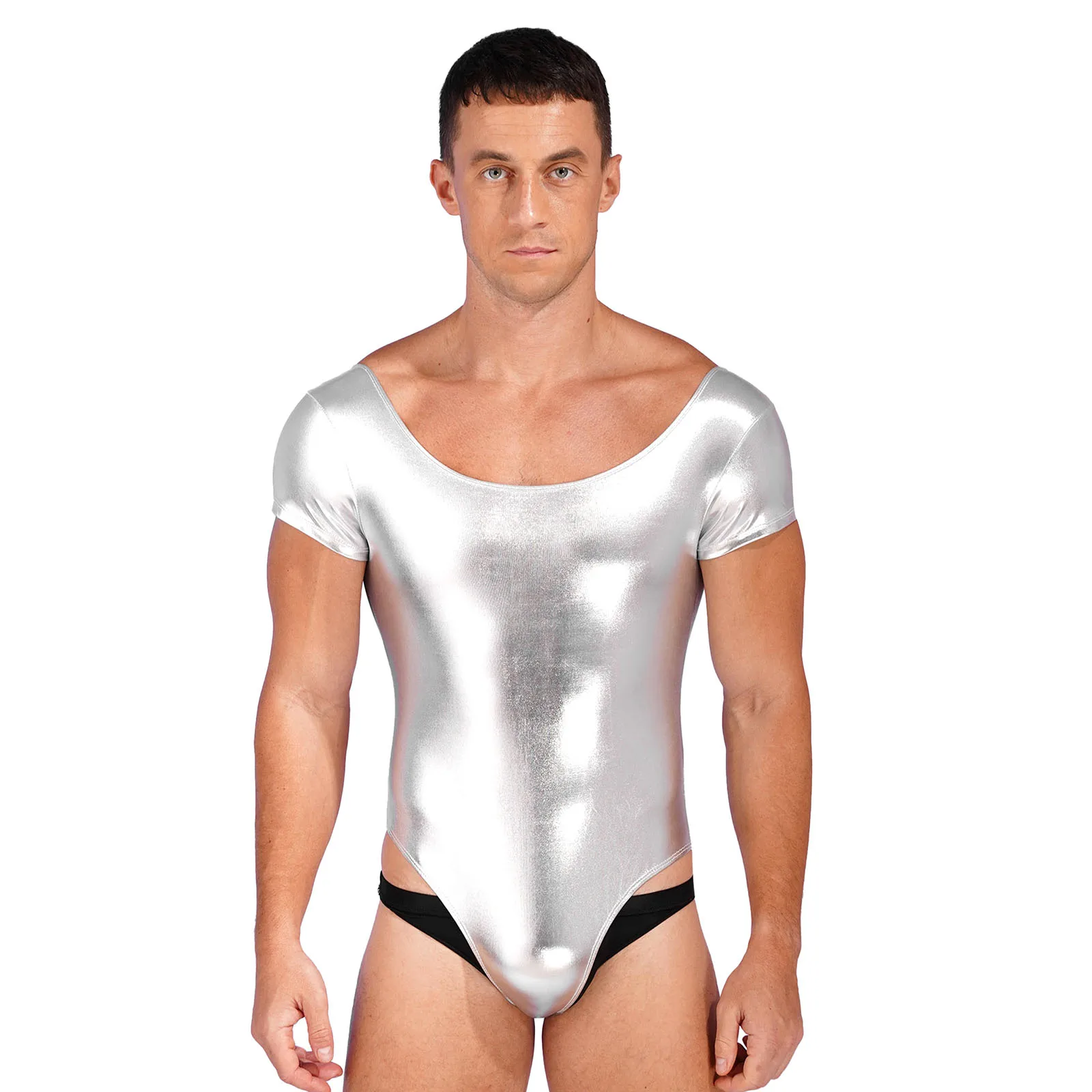 Mens Shiny Patent Leather Bodysuit Wetlook One-piece Swimwear Short Sleeve Stretchy Leotard Gymnastics Workout Party Clubwear