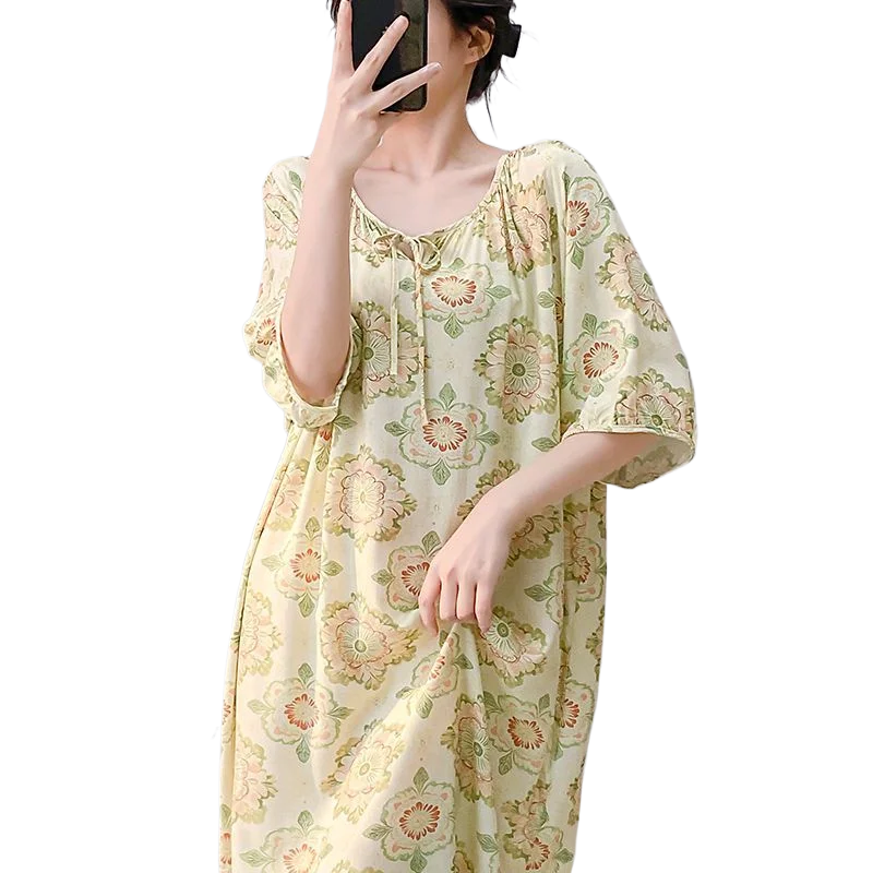 Summer Medium-sleeved Long Dress Large-size Maternity Dress Artificial Pajamas Women's Short-sleeved Cotton and Silk Nightgown