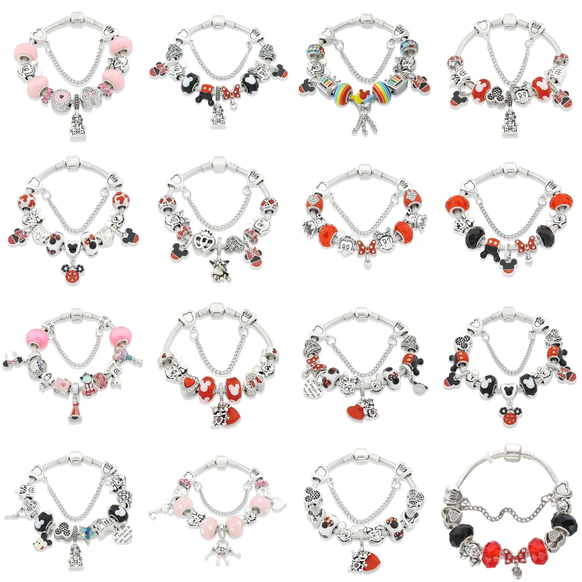 Pulseras de Cuentas con Dijes de Animales de Dibujos Animados de Cristal Rojo, Rosa y Negro de Disney, Pulsera de Cuentas de Mickey y Minnie con Corazón, Estilo Europeo y Americano, Regalo de Moda