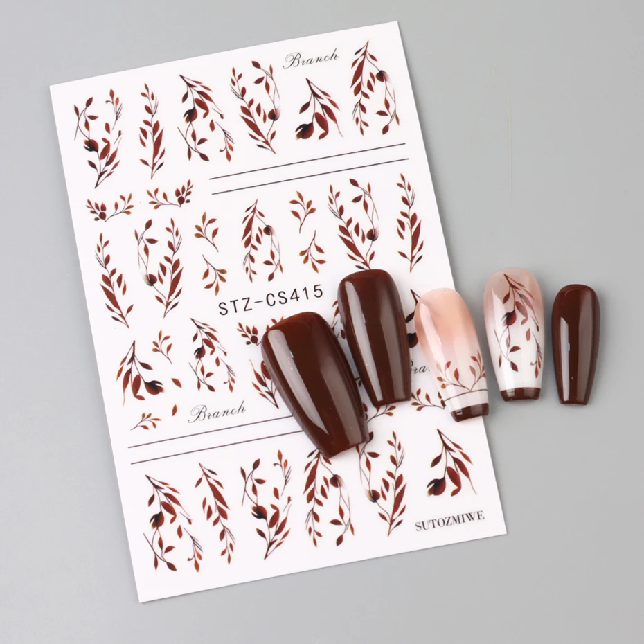 2 Stück 3D Herbst-Braunblätter Nagelkunst-Aufkleber Maillard Warmfarben-Serie Blätter Nagelsticker Tiefe Herbstblätter Nageldesign-Dekor – Detail 6