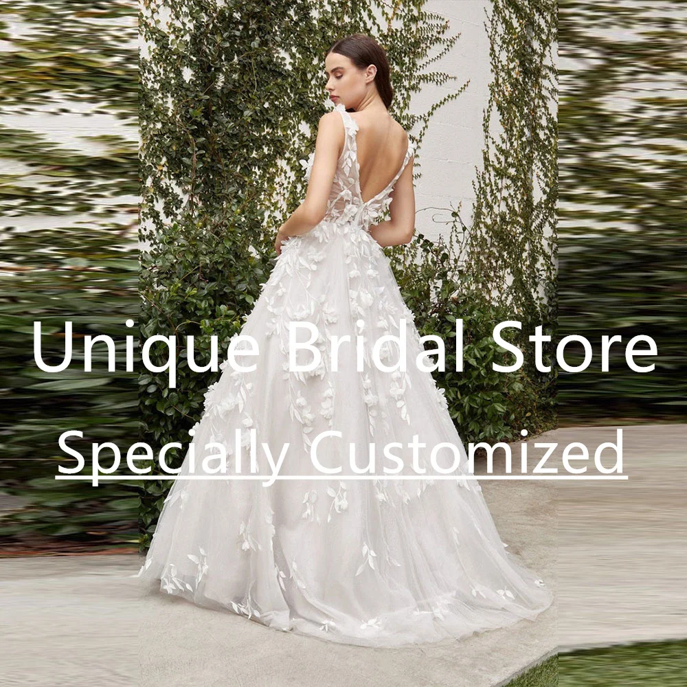 CustomizedFashion A-Line Bridal Gown Tulle V-Neck 3D Applique Sleeveless Backless Back Zipper Vestido De Noiva Casamento 2023 Cu