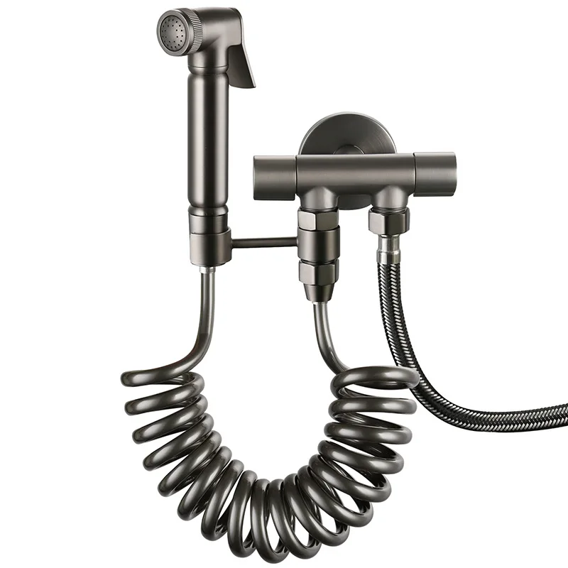 Grey All Copper Women's Wash Set Toilet Toilet Spray  High Pressure Rinser One in Two Out Dual Angle Control Valve