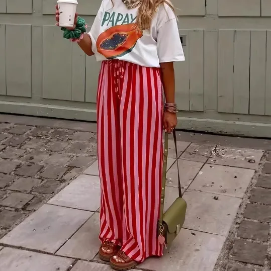 Spring Summer European American New Women Loose Casual Color Block Striped Print Straight Pants Female Breathable Trousers