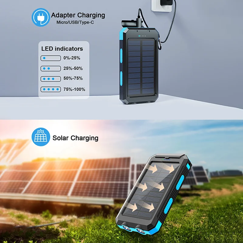 

CHICNOD Outdoor Solar Power Bank 20000mAh USB Wireless Fast Charge Travel Waterproof Portable Mobile Phone Powerbank for Camping