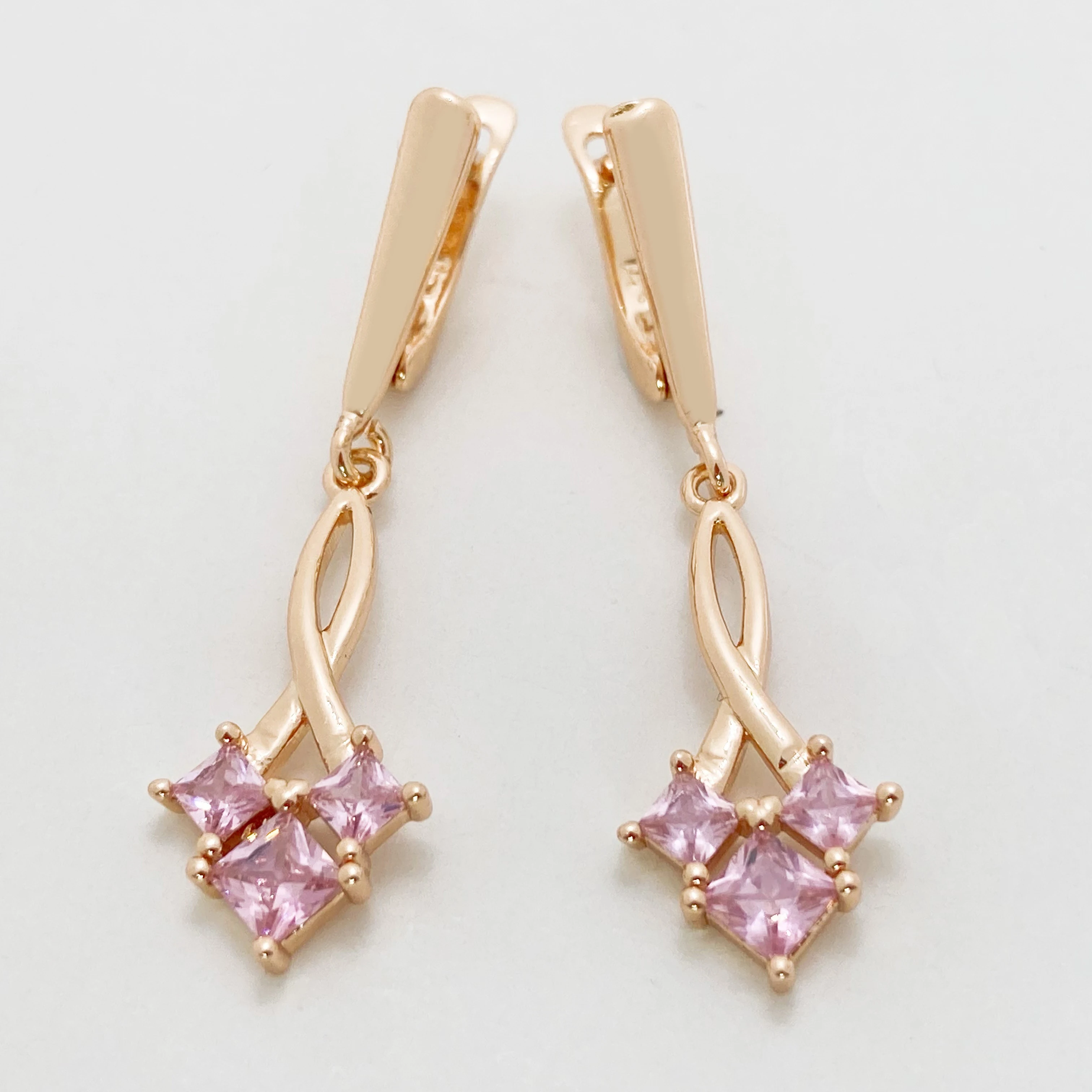 New Fashion 585 Rose Gold Color Long Women Pink Natural Zircon Dangle Earrings Romantic Bride Wedding Fine Jewelry