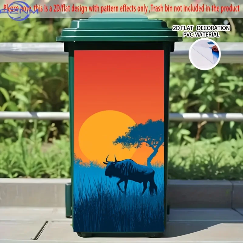 1pc UJoli African Savannah Sunset Wildebeest Silhouette Trash Can Sticker - PVC Vinyl Decal with Vibrant Orange & Blue Landsca