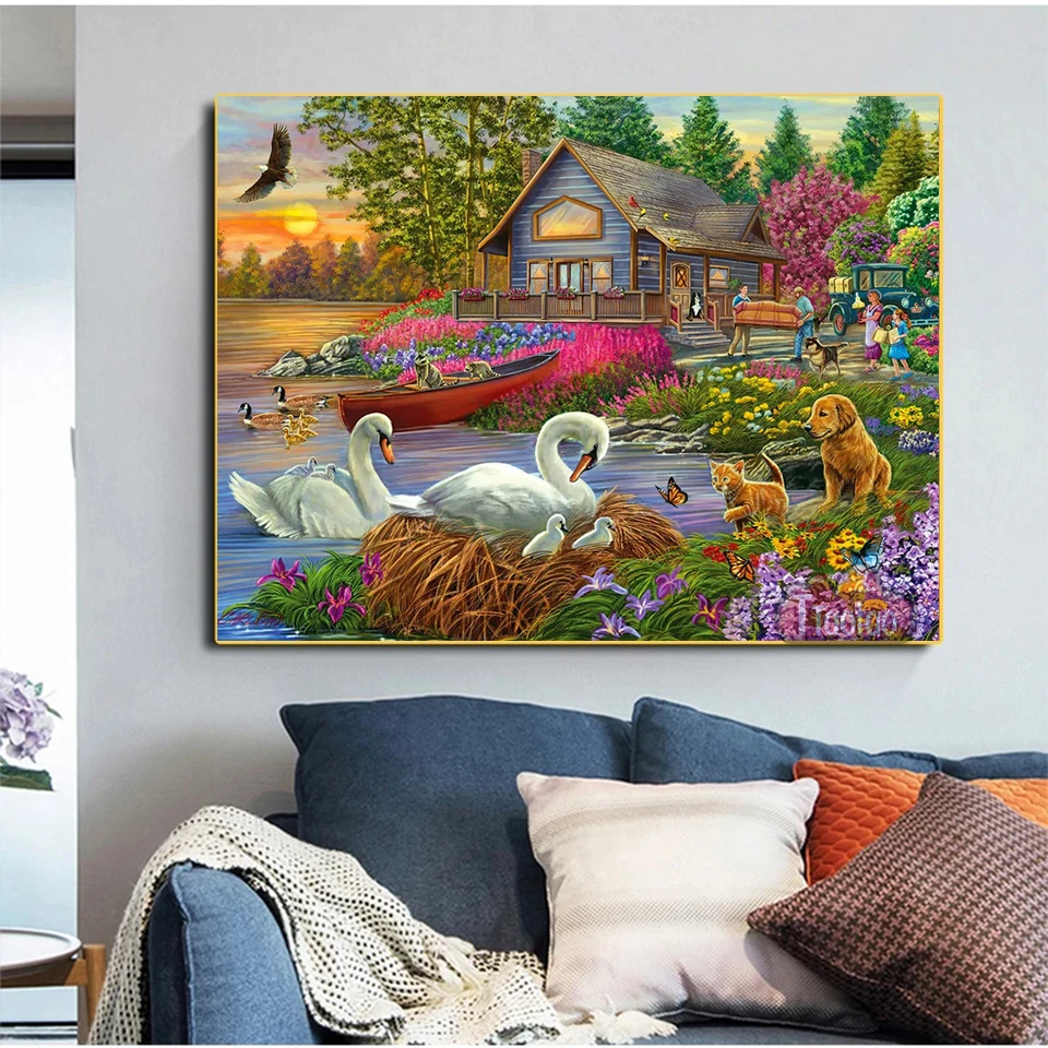 5D Forest Cabin Sunset River Landscape Diamond Painting DIY Swan Dog Flower Picture Full Square Round Rhinestone Mosaic Decor