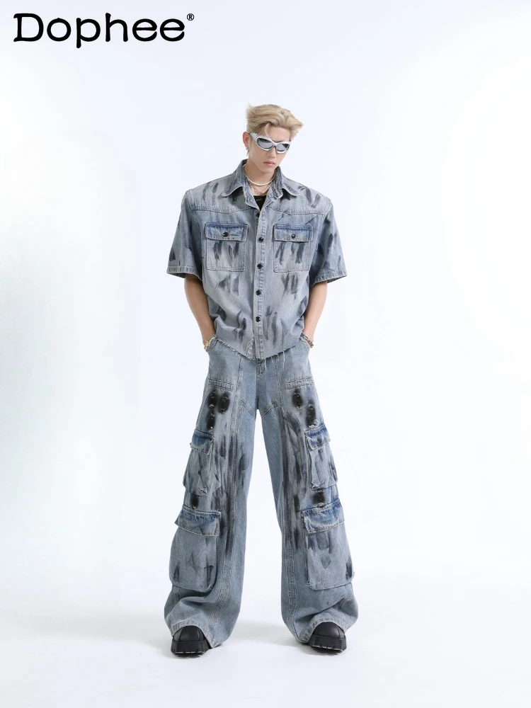 

2024 Trendy Male Pants Sets Short-Sleeve Single Row Multi-Buckle Denim Tops Graffiti High Street Multi-Pocket Jeans Men's Sets