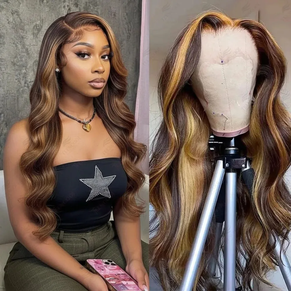 

Парик 4/27 Highlight, 100% натуральные волосы, 13x6, омбре, блонд, волнистый, 40 дюймов, 13x4, HD прозрачный кружевной парик с передней частью, бразильский, для женщин