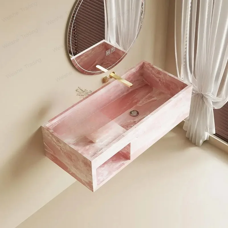Certified Premium Mid-Century Wall Vanity: Natural Rosy Quartz Marble w/Scratch-Resistant Ultra Narrow Rim Deep Undermount Basin